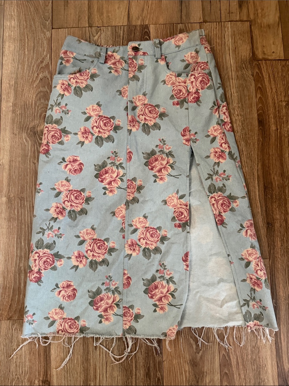 Listicle Blue Denim Skirt with Pink Rose Print